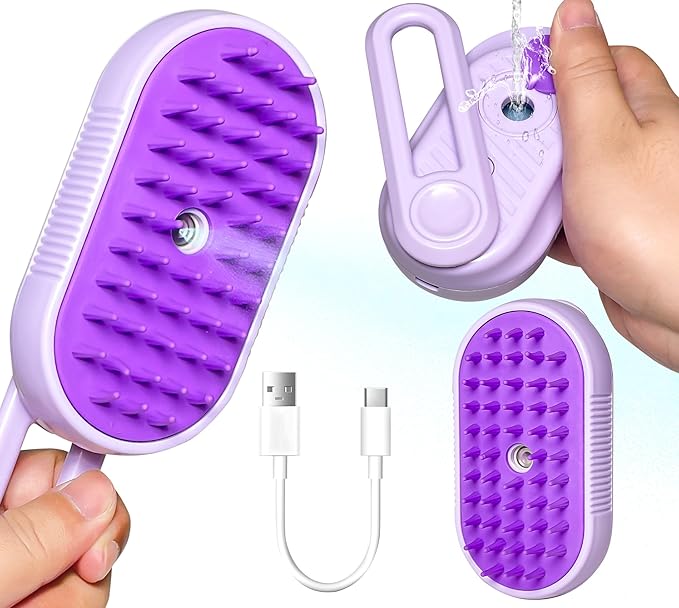 Spray Cat Brush for Shedding - Pet Grooming Brush with Steamer and Water Spray, Ideal for Cats and Dogs (Purple)