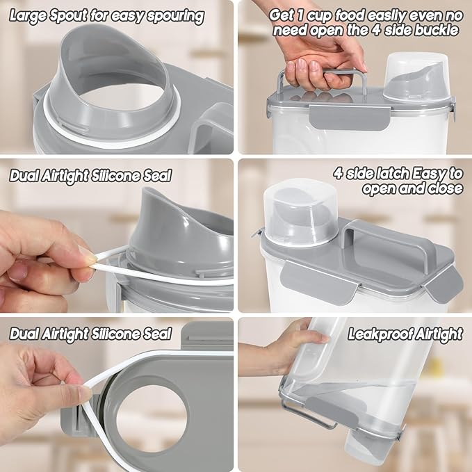 5-7Lbs Dog Cat Food Storage Container with Upgraded Large Nozzle BPA-free, 4 Snap Seals Plastic Pet Food Storage Containers with Handles (2, Light Green+Light Gray, 5L)