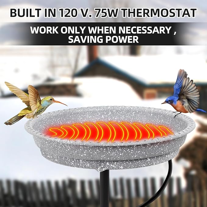 Heated Bird Bath for Outdoors for Winter, 75W Bird Bath Water Heater Bird Bath Deicer,Deep Bowl Thermostatic Control Weather Resistance Available with Stable Metal Pole for All Seasons(Grey)