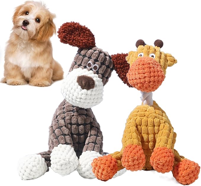 Indestructible Dog Toys,2025 New Dogs Plush Toy for Aggressive Chewers,Squeaky Durable Chew Toy for Indoor Pups Teething,Stuffed Toys for Small Medium Large Animals (Brown Dog+Giraffe)