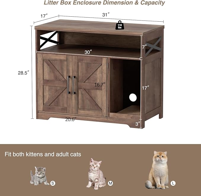 Cat Litter Box Enclosure, Hidden Litter Box Furniture with Scratch Pad, Farmhouse Indoor Cat House Washroom End Table, Retro Brown