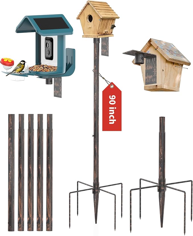 Bird Feeder Pole Stand – 90 Inch Height Feeding Station with 1-Inch Dia Heavy Duty for Hanging Feeders, Bird House Pole Mount Kit for Outdoor, Slip-Fit Connection, Copper Brushed