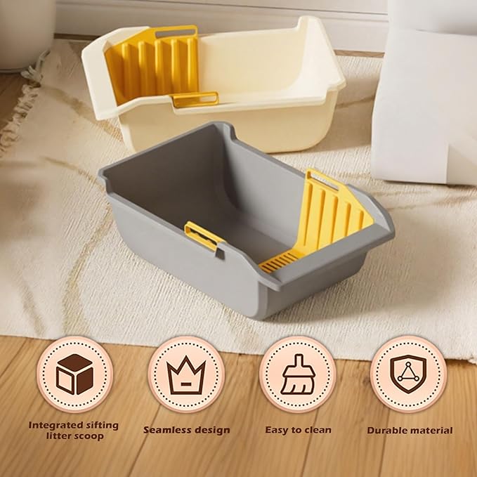 SpaceTime Extra Large Cat Litter Box with High Sides,Jumbo Open Top Kitty Litter Pan for Indoor Cats,XL Cat Boxes with Integrated Sifting Litter Scoop,Ideal for Kittens & Big Cats,Easy to Clean(White)