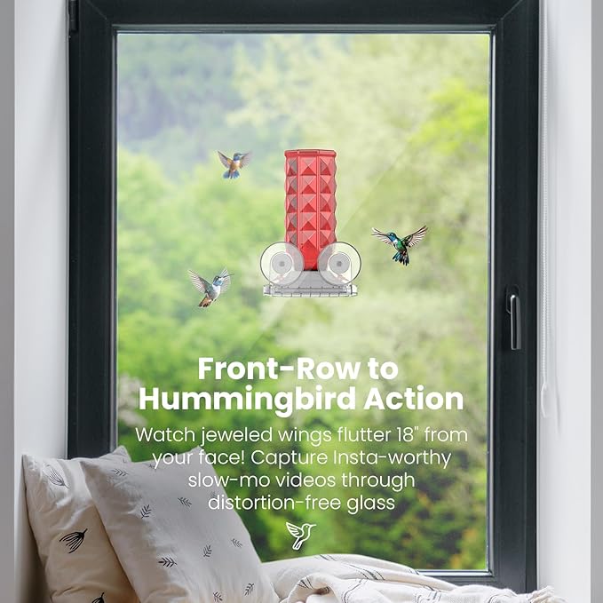 MrCrafts 2Pcs Window Hummingbird Feeder 16oz - Attract 8X More Hummingbirds with Red Diamond-Textured Glass, Ideal for Attracting Wild Birds Outdoor, Bird Watching Gift for Women & Nature Lovers