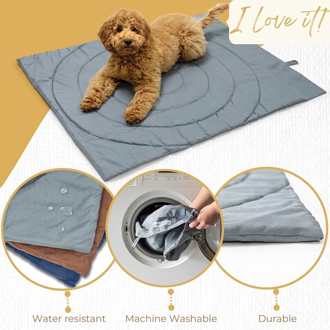 Portable Dog Mat - Waterproof & Foldable Pet Bed - Ideal for Indoor, Outdoor, Cafes, Travel, Camping, Grooming & Training - 39"x30" - Includes Carry Bag - Durable, Washable & Lightweight - Grey