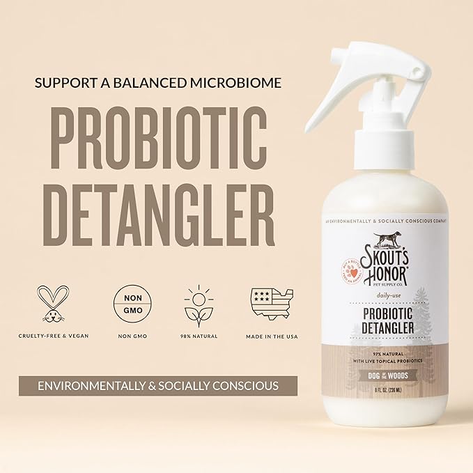 Skout's Honor Pet Detangler Spray - Hydrating & Conditioning with Avocado Oil & Probiotics, 97% Natural, Paraben & Sulfate-Free, softens for a More brushable Coat, Daily Use, 8oz, Dog of The Woods