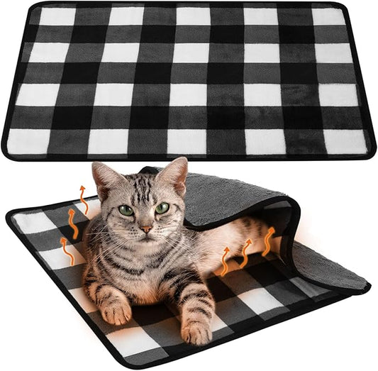 2 Pcs Large Self Warming Cat Pad Self Heating Cat Mat Bed Dog Crate Pet Blankets Thermal Heated Bed Mat for Outdoor Indoor Newborn Kittens Puppies Dog(Black and White Plaid,24 x 18)