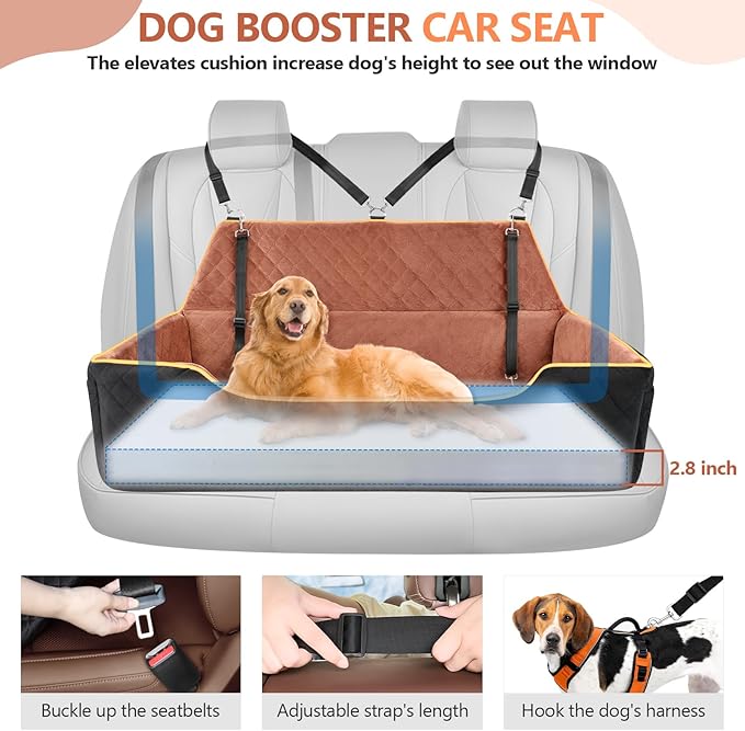 GL GLENSLAVE Dog Car Seat for Large/Medium Dogs, Comfortable Dog Car Booster for Back Seat, Fully Detachable & Washable Pet Travel Bed with Storage Pockets,2 Safety Belts