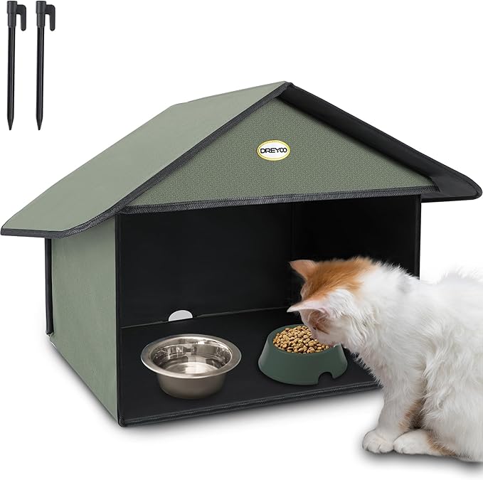 Dreyoo 1 Pack Outdoor Cat Feeding Station for Food & Water, Weatherproof Outdoor Kitty Dining Room Cat Shelter for Stray, Feral Cats and Community Cats, 13”d x 17”w x 15.5'h (Dark Green)