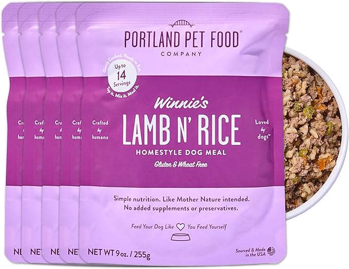 Portland Pet Food Company Fresh Dog Food Pouches - Human-Grade Toppers Wet Pet Meal & Mixers - Gluten-Free Limited Ingredient Winnie's Lamb N' Rice - Large & Small Breed Puppy & Senior Dogs - 5 Pack