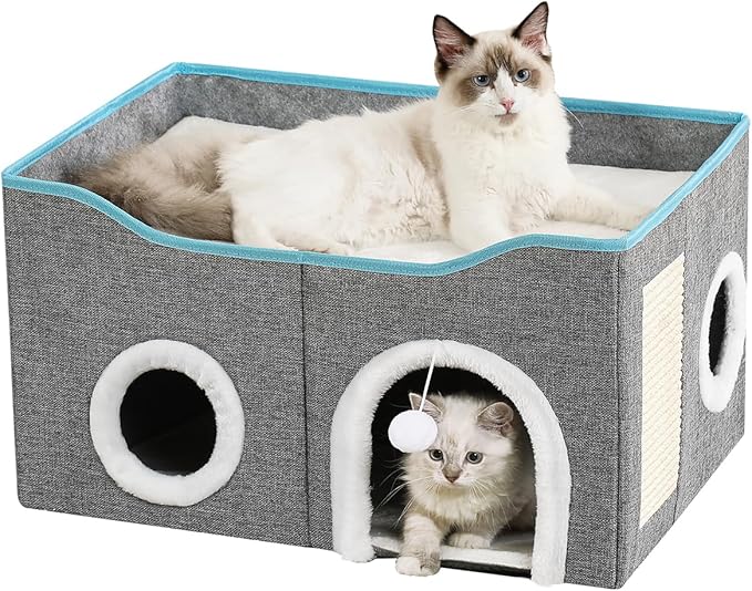 Large Cat Bed for Indoor Cats, Extra Wide Cat Cave House with Scratch Pad and Fluffy Ball, Foldable Cat Hideaway for Kitten Bed, Cat Condo for Cats (Grey, X-Large)