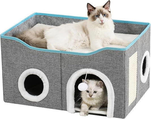 Large Cat Bed for Indoor Cats, Extra Wide Cat Cave House with Scratch Pad and Fluffy Ball, Foldable Cat Hideaway for Kitten Bed, Cat Condo for Cats (Grey, X-Large)
