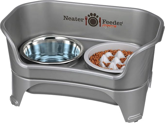Neater Feeder Express Mess Proof Dog Bowls Elevated for Medium and Large Breed – Made in USA – No Spill Raised Slow Feeder Elevated Dog Bowl Stand, Slow Feed Food and Water Bowl Set, Grey
