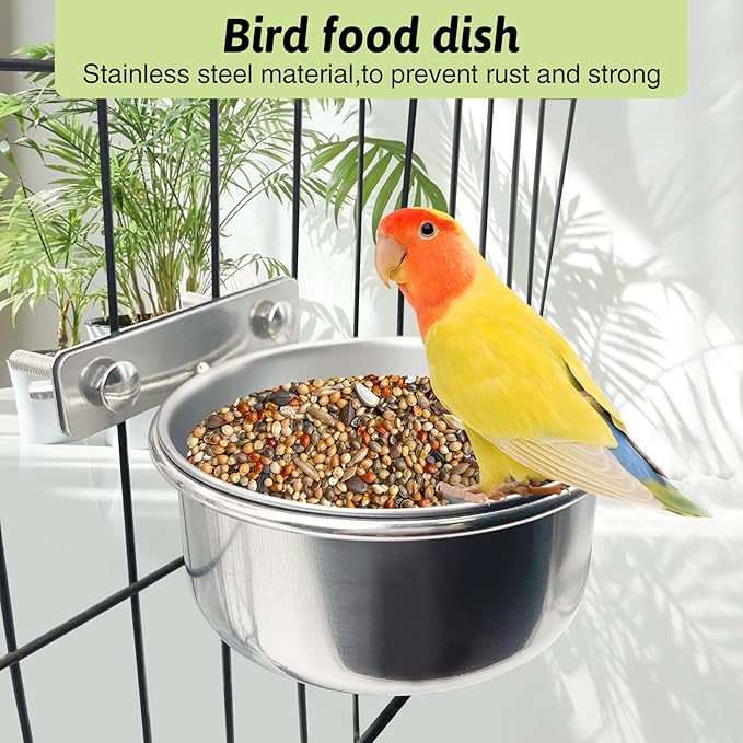 Tfwadmx 4 Pcs Stainless Steel Bird Bowls with Clamp,Clamp Holder Coop Cup,Bird Dishes for Cage, Cage Water Bowl for Cockatiels Lovebird Budgie Chinchilla