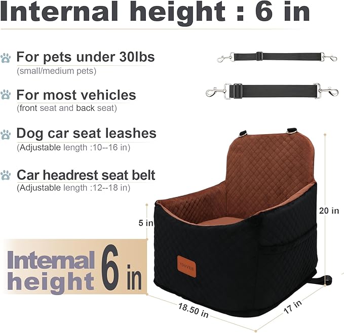 Youvee Dog Booster Car Seat,Interior Height 6 Inches Elevated Pet Car Seat for Small Dog up to 30 lbs,for car Front/Back,Comfortable,Storage Pocket(View Ⅰ-Black Outside Brown Inside)