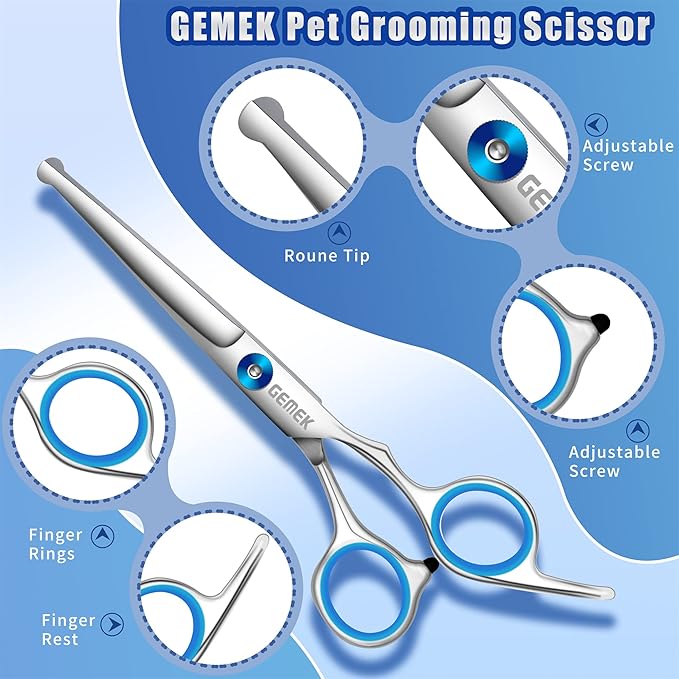 GEMEK Professional 5 in 1 Dog Grooming Scissors Set with Safety Round Tips, Sharp and Heavy-duty Pet Grooming Shears for Cats (Blue)