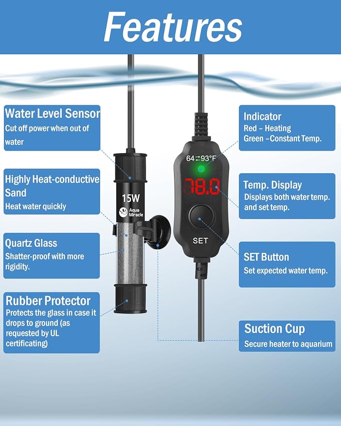 AquaMiracle Adjustable 15W Aquarium Heater Submersible Fish Tank Heater Super Short Aquarium Heater with LED Digital Display Thermostat, for Tanks 1-3 Gallons