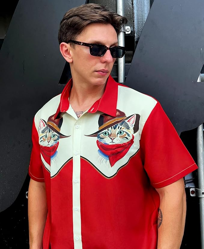 Men’s Hawaiian Shirt Western Cowboy Symmetrical Print Short Sleeve Button Down Casual Beach Holiday Summer Shirt