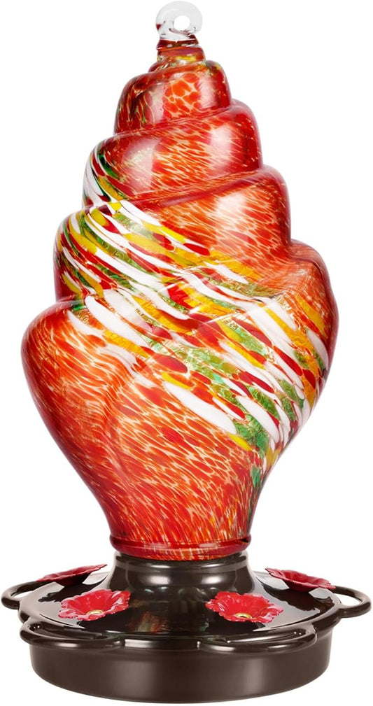 Spiral Shaped Hummingbird Feeder for Outdoors Hanging, Hand Blown Glass, 25 fl.oz, Leak Proof & Rustproof, Includes an Ant Moat, Metal Cover with 5 Feeding Ports, Red