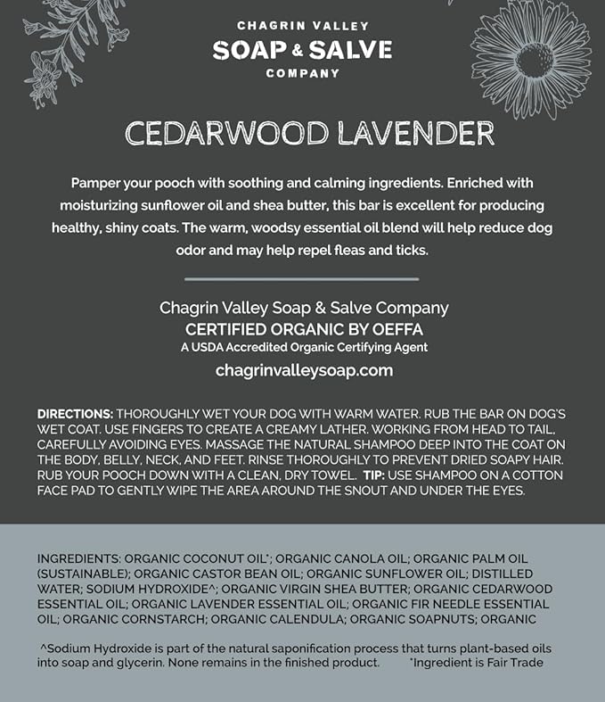Chagrin Valley Soap & Salve Certified Organic Dog Shampoo and Conditioner - Dog Shampoo Itchy Skin Relief and Puppy Essentials - Natural Handmade Cedarwood Lavender, 3.8 oz Bar Soap