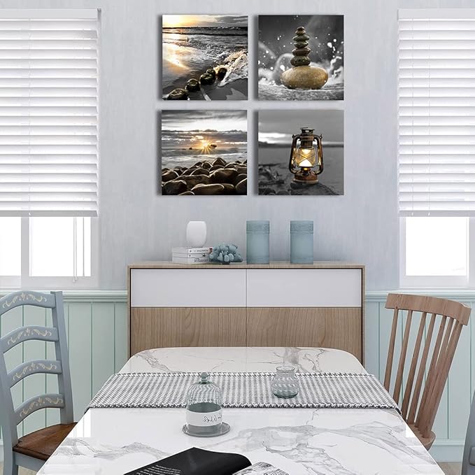 Yxbhhym-Canvas Zen Décor Black and White Beach Wall Art Ocean Poste Seascape Picture Print Sunset Scenery Painting Artwork for Living Room Wall Decor Bedroom Bathroom Wall Home Decorations Framed