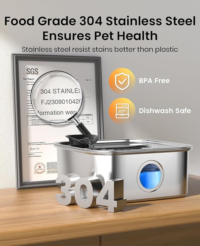 oneisall Dog Water Fountain, 2.6Gal/10L Stainless Steel Dog Water Bowl Dispenser with Deeper Drinking Aera & Washable Filter, Ultra-Quiet Pet Water Fountain for Small Medium Large Dogs(with 6 Fllters)