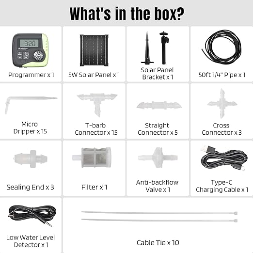 Raddy WS-1 Drip Irrigation Kit, 5W Solar Powered Automatic Watering System, Easy DIY Water Timer for Plants on The Balcony, Gardens, and Green House, Supported 15 Pots