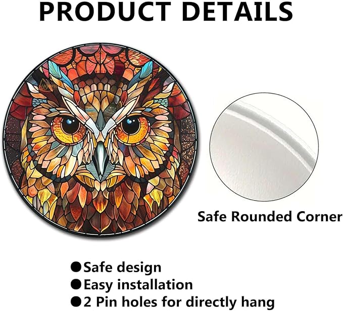 Lygond Metal Sign Tin Sign Circular Stained Glass Owl Metal Sign for Patio 8×8 Inches