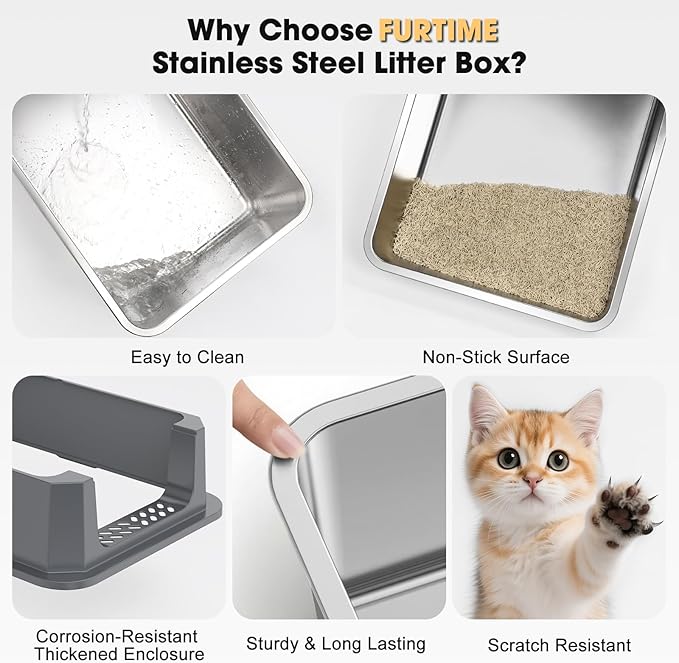 FURTIME Stainless Steel Litter Box with Lid, Large Metal Cat Litter Box for Big Cat, Large Cat Box High Sided with Non-Stick, Odor-Resistant, Anti-Urine Leakage, Easy Cleaning, Includes Scoop and Mat