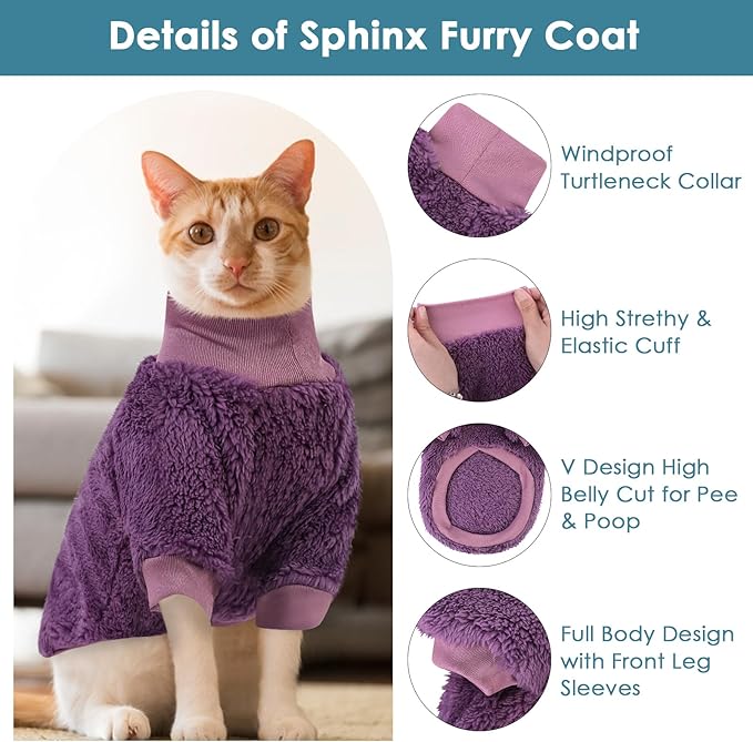 SUNFURA Sphynx Cat Sweater, Hairless Cats Turtleneck Pullover Kitten Sweaters for Cats Only, Warm and Soft Cat Pajamas Shirt with Sleeves Pet Winter Clothes Fleece Jumpsuit for Puppy, Purple M