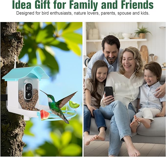 Bird Feeder with Camera,AI Identify Birds Species,Solar Powered,Auto Record Videos in Backyard,Instant Notifications,Ideal Gift for Family and Bird Lovers