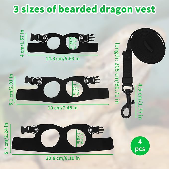 3Size Black Bearded Dragon Leash and Harness Set, Adjustable Bearded Dragon Harness with Lizard Traction Rope for Reptile, Lizard Leash/Squirrel Harness/Small Rabbit Traction Rope (S, M, L)