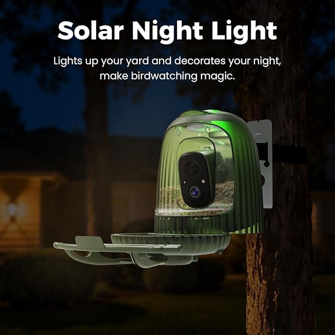 HIXX Smart Bird Feeder with Camera, AI Bird Identifier & 4MP Color Night Vision, Exclusive Vertical View Mode, Squirrel-Deterrent Design, Solar Light for Nature Lovers (Color Light)