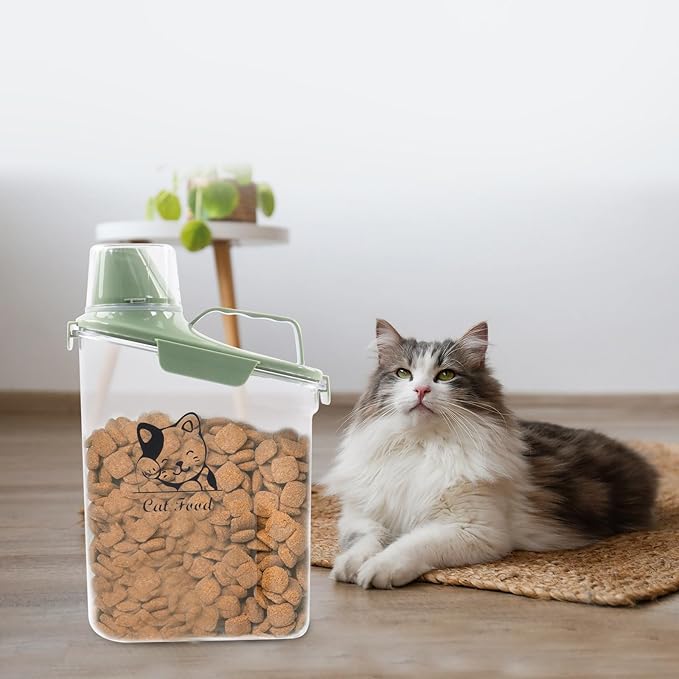Pet Food Storage Container with Measuring Cup and Pour Spout - Airtight, Leakproof, Portable Cat Food Dispenser - Green
