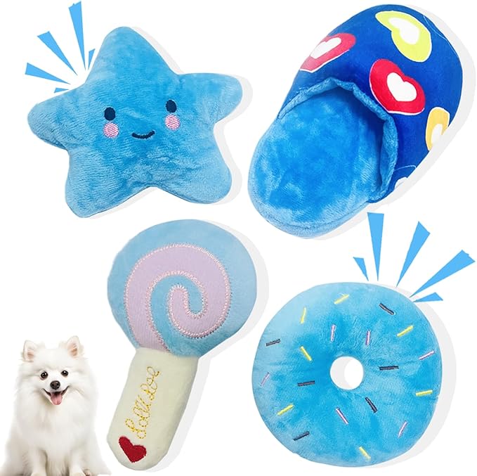Dog Toys for Small Dogs, 4 Packs Cute Chew Toys for Puppy, Durable Soft Plush Interactive Small Dog Toys, Blue Stars Designs, Doggie Birthday Gifts