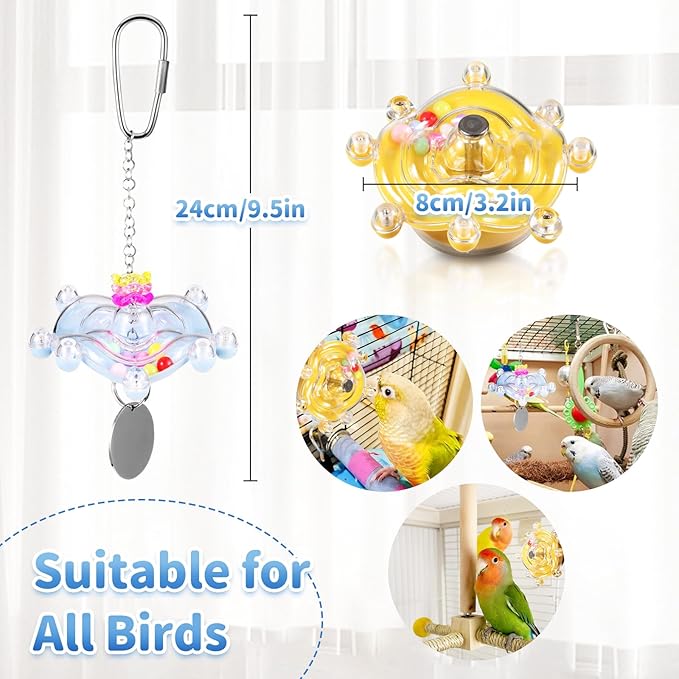 2Pcs Bird Spinner Hanging Toys for Parakeets, Interactive Wheel for Small Medium Parrots, Cockatiels, Conures - Rattle Chew Beak Exercise
