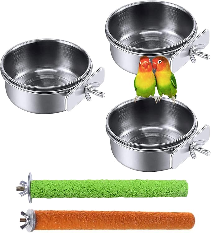 PINVNBY Stainless Steel Food Bowls for Birds,Bird Feeding Dish Cups Parrot Water Feeder Bowl with Clamp Holder Paw Grinding Perches for Budgies Parakeet Macaw Small Animal(5 Pack)