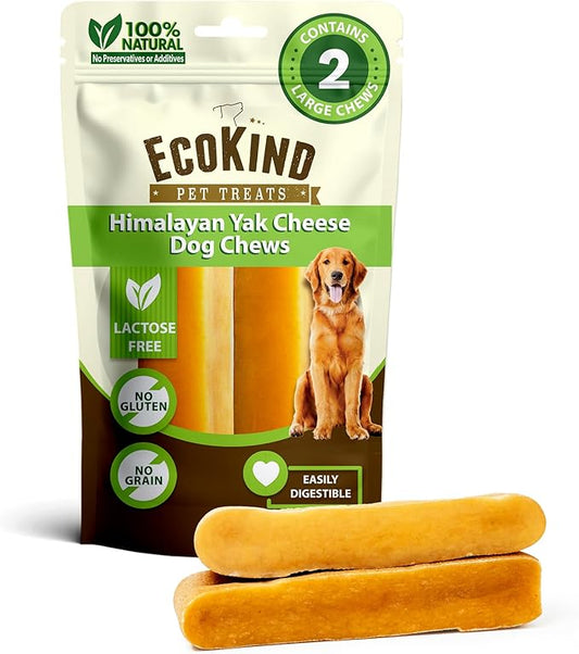 EcoKind Premium Gold Yak Cheese Himalayan Dog Chews, Dog Treats Large Breed, All Natural, High Protein, for Aggressive Chewers, Large - 2 Chews