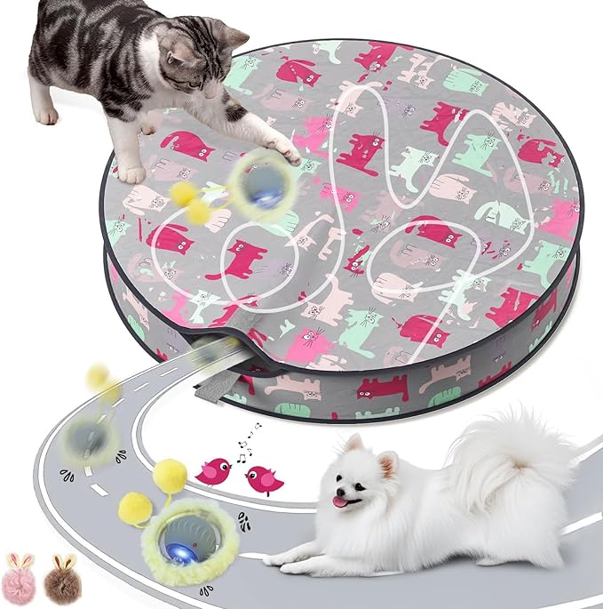 Interactive Cat Toys for Indoor Cats, Automatic Motion Toy in Pouch, Activated Fast Rolling Ball in Play Mat, Hide and Seek Mouse Catching Game with Chirping, LED Light, Auto On/Off (Grey)