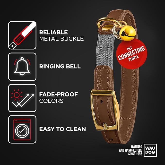 WAUDOG Ultra Soft Rolled Leather Cat Collar with Removable Bell, Safety Elastic Strap and QR ID Tag - Soft Padded for Small, Medium, and Large Cats - Round Kitten Collar for Male and Female Cats