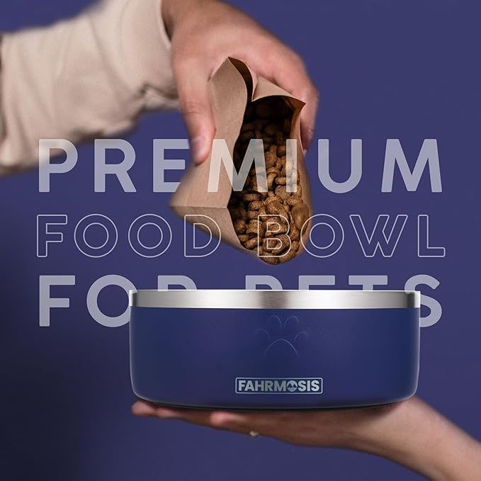 32 Oz Dog Bowl with Slow Feeder Insert Stainless Steel Pet Water Bowl for Medium & Large Breed Non Slip Rubber Base & Plastic Puzzle Feeder - Navy Blue