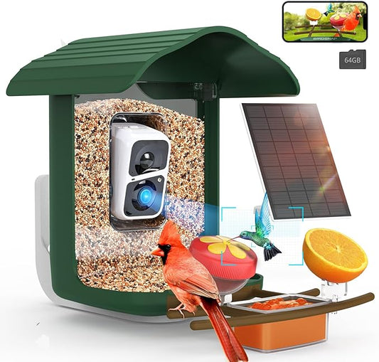 birdsnap® PAV- Smart Bird Feeder with Camera Solar Powered, 64GB Card & 2K HD Record Video Bird Camera Live with 5 DIY Add-ons, AI Identify Auto Capture, Ideal Gift for Birds Lover