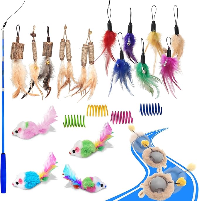 Cat Toys 24 PCS, Interactive Cats Toys for Indoor Cat, Speedy Tail 2.0 Cat Toy, Silvervine Sticks Feather Mouse Toy for Kittens