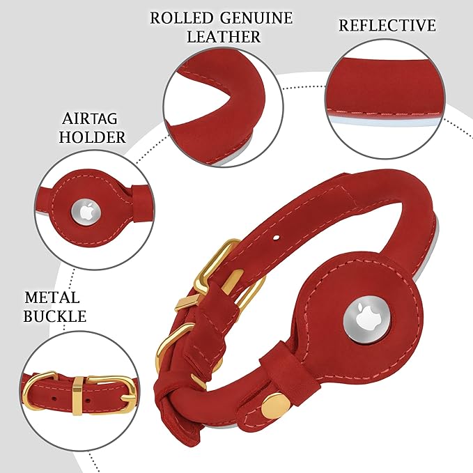 OOPSDOGGY Rolled Leather Dog Collar with Airtag Holder - Reflective Round Airtag Dog Collar - Soft Tracking Pet Collar for Small Dogs Puppy Cats Kitten (Red, M, 12"-15")