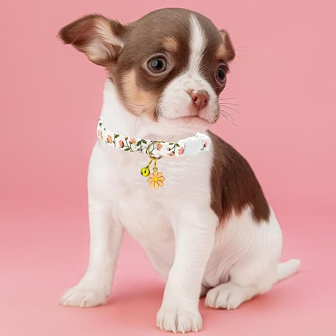 2 Pack Cotton Breakaway Cat Collars Set with Bell and Flower Pendant, Cute Floral Fruit Patterned, Adjustable 7.5-11Inch, Include A Mouse Toy Gift