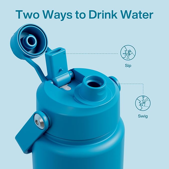 Insulated Water Bottle with Straw - Encool Stainless Steel Water Bottle, Leak-Proof, BPA-Free, Double Wall Vacuum Keeps Cold for 24 Hours for Sports, Travel, School (32 oz, Azure Blue)