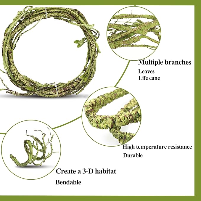 HERCOCCI Reptile Vines, Flexible Jungle Climbing Vines Terrarium Plastic Plants and Leaves Tank Accessories Decor for Gecko Snake Lizard Bearded Dragon Hermit Crab Frog