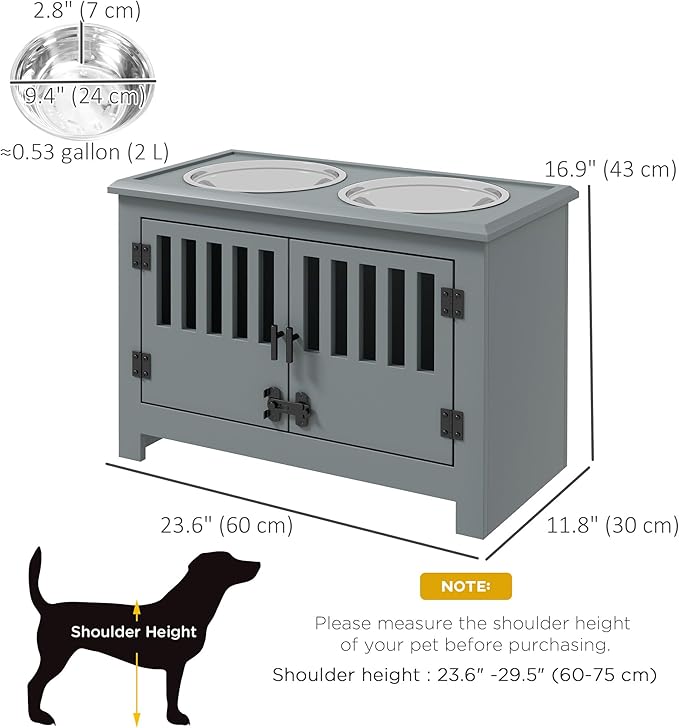 PawHut Large Elevated Dog Bowls with Storage Cabinet - 37L Capacity, Raised Dog Bowl Stand Feeding Station, Gray