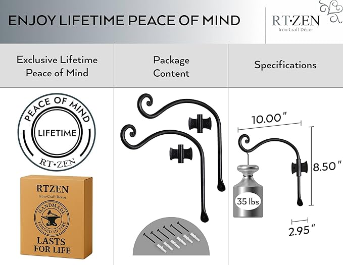 RTZEN Plant Hangers Outdoor or Indoor - Wrought Iron Metal Hanger Indoor Hook - Heavy Duty Wall Bracket Hooks for Hanging Plants Baskets Lanterns Wind Chimes - 2 Pack (Black Axe-Shape Hooks)