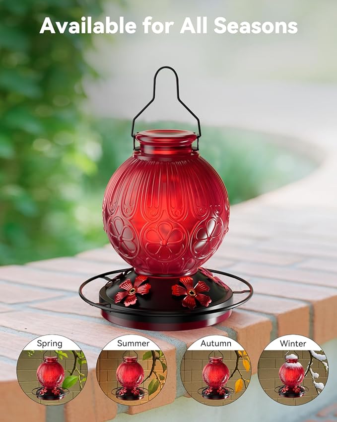26Oz Hummingbird Feeder for Outdoors, Vintage Glass Bird Feeder with Perch, Durable & Easy to Clean, Hanging Nectar Feeder for Garden, Yard, Deck – Gift for Bird Lovers (Red)